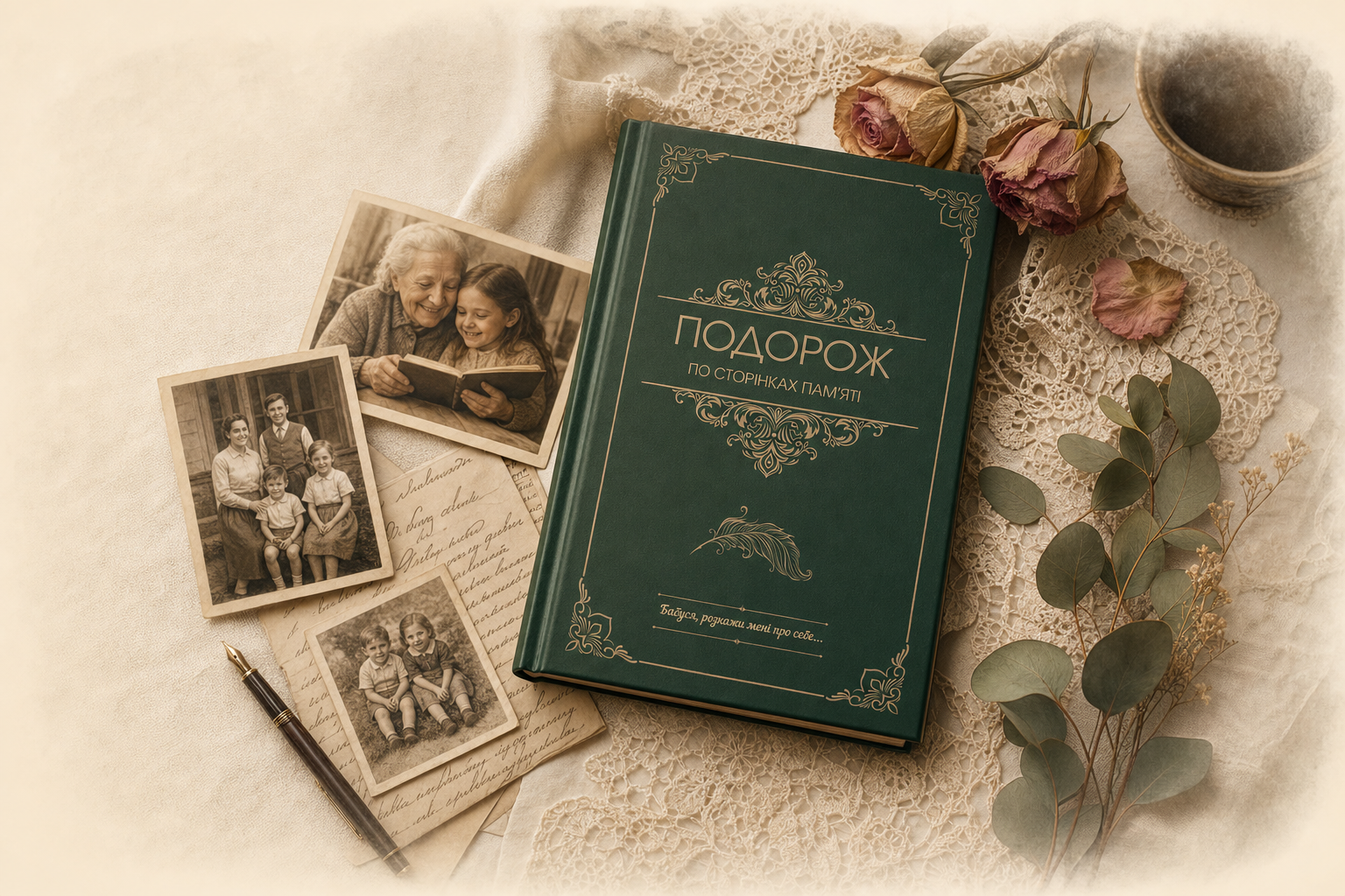 Книга Подорож по сторінкам пам'яті на мереживі з родинними фото, сухоцвітами і листами