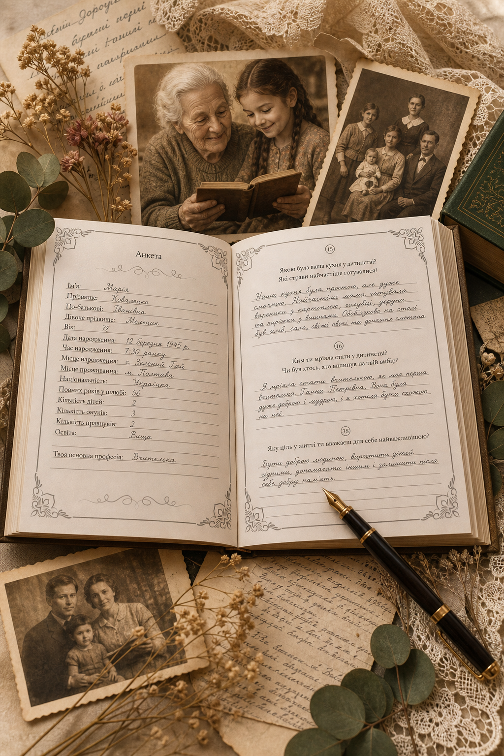 Відкрита книга зі сторінками, записами, родинними фото, мереживом і сухоцвітами